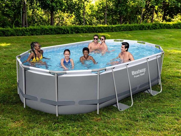 Bestway Kit Piscine Cadre en métal Ovale, Gris foncé avec Pompe filtrante + Accessoires, 488 x 305 x 107 cm