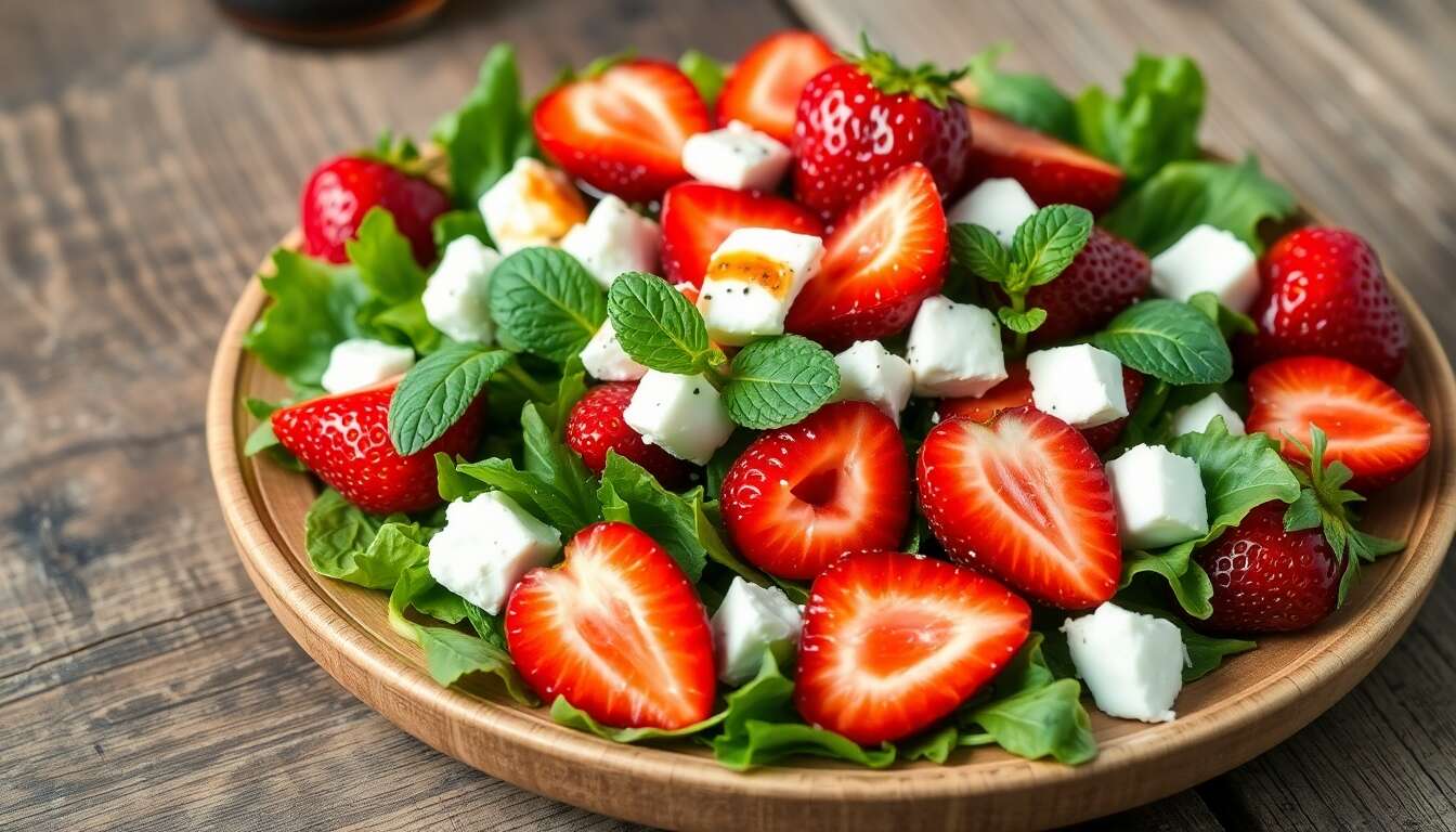 Salade estivale aux fraises, chèvre frais et menthe
