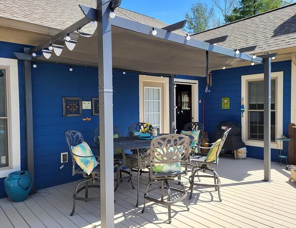 PURPLE LEAF Pergola Murale Aluminium 4 x 2,7 m Tissu Teint en Fil, Pergolas pour Terrasse Extérieur, Pergola Jardin Extérieur Toit Coulissante, Pavillon de Jardin, Gris