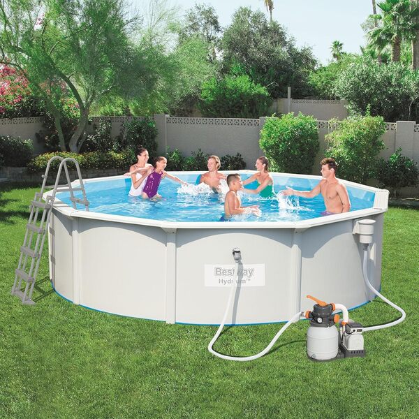 Bestway Hydrium Piscine 460 x 120 cm, Cap. 17 430 l, Pompe à Sable 58400 (3 785 Lt/H). Comprend : Tapis de Base, Skimmer Professionnel, échelle de sécurité et DVD