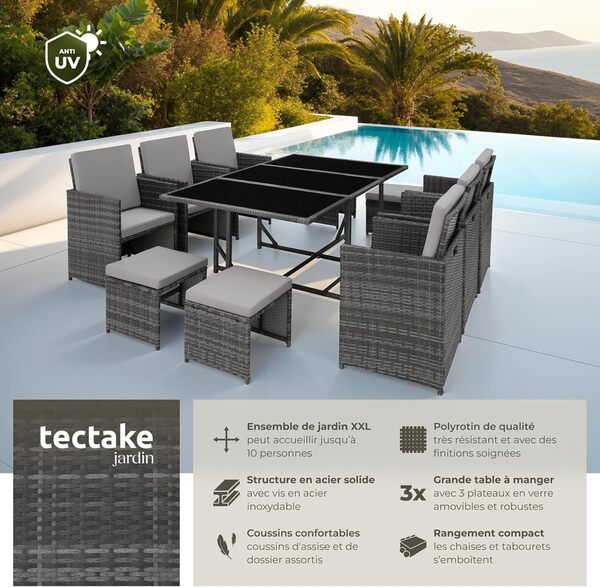 TecTake® Salon de Jardin Exterieur en Résine Tressée Poly Rotin Salon de Jardin Table 10 Personnes 6 Fauteuil en rotin 4 Tabouret Pouf Encastrable avec Housse de Protection, Entretien Facile