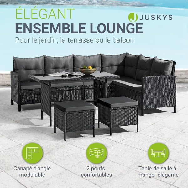 Juskys Salon de Jardin Lounge Manacor en polyrotin Noir - avec canapé, Table, 2 tabourets & Coussins - Ensemble de Meubles de Jardin pouvant accueillir jusqu'à 7 Personnes - Housses Grise