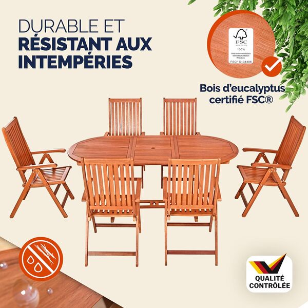 Casaria® Ensemble de Salon de Jardin Vanamo 1 Table Extensible Type Papillon 6 chaises Bois d'eucalyptus certifié FSC®