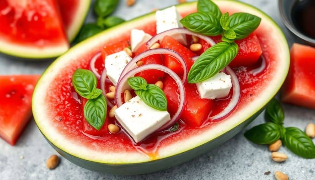 Salade audacieuse de pastèque marinée au basilic et feta crémeuse