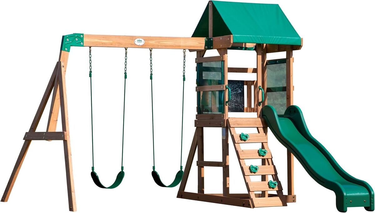 Test aire de jeux Backyard Discovery Buckley Hill : balançoire et toboggan en bois