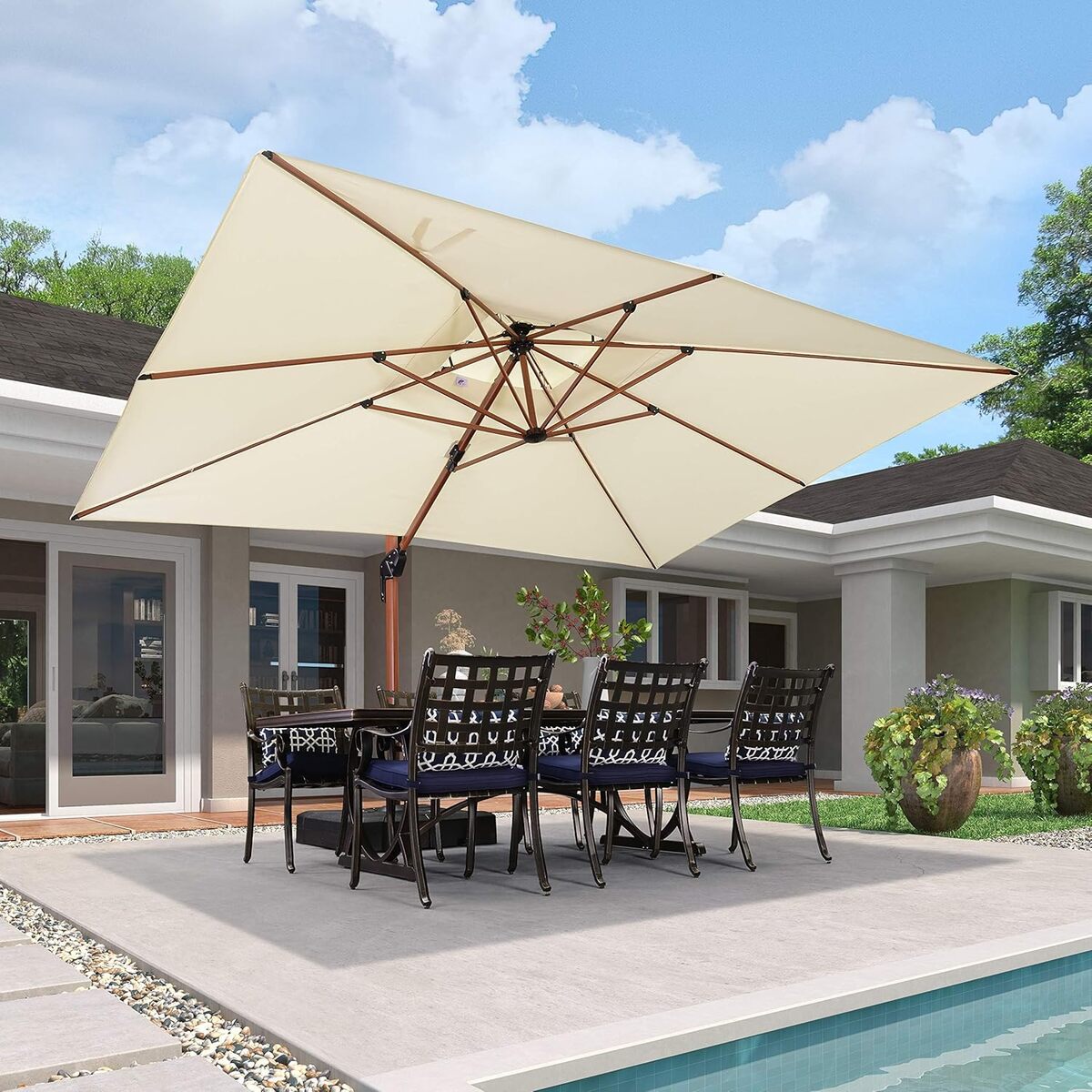 Test : parasol déporté Purple Leaf 3x4 m, grain bois aluminium