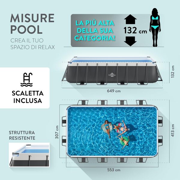 Dardaruga Piscine Tubolaire Hors Sol 550x305x132 cm + Pompe Filtre économie d'énergie + 2 Cartouches Filtres, Modèle Bora Bora, Brand et Assistance Italienne, Matériaux Premium, Liner Multi-Couches