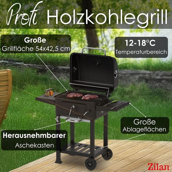 Barbecue au charbon de bois XXL avec couvercle - Grande surface de cuisson - Chariot de barbecue réglable en hauteur - Bac à charbon - Thermomètre - Plateau de rangement - Bac à cendres - Système de