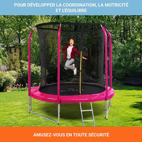 Klarfit Jumpstarter Trampoline Extérieur Avec Filet de Protection, Échelle Stable, Toile Résistante Aux UV, Compact Pour Enfants, Jeu de Jardin, 250 cm
