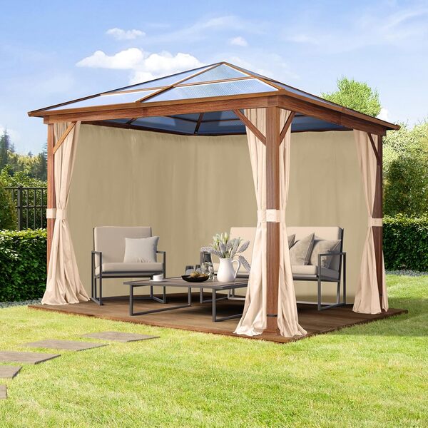 TOOLPORT Tonnelle de Jardin 3x3 m Aspect chêne, Toit env. 8mm Polycarbonate, 4 parois latérales Champagne