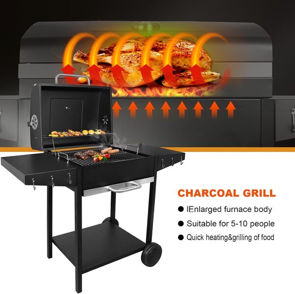 kisidus Barbecue au charbon de bois avec étagères latérales, 119 x 61 cm, surface de cuisson, chariot de barbecue pour 5 à 10 personnes, barbecue de camping avec roues, noir