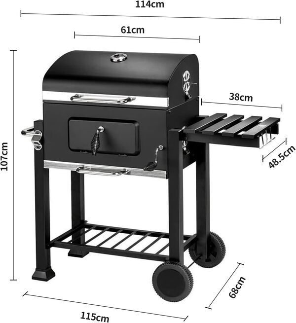 OHMG Barbecue au Charbon de Bois Memphis, Acier, Couvercle avec Thermomètre, Tablette latérale Pliable, Bac à Cendres, Étagère inférieure, 2 Roulettes