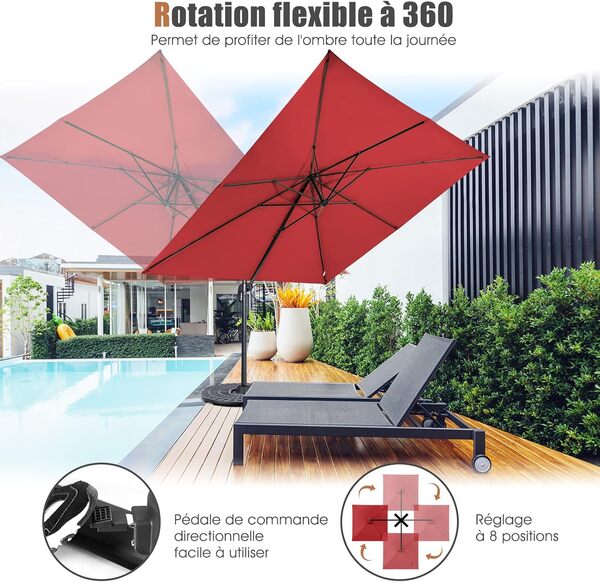 RELAX4LIFE Parasol Déporté Rectangulaire 3x3M, Parasol de Jardin Exterieur Inclinable et Rotative 360° par Pédale en Polyester Anti-UV avec 8 Baleines pour Plage Jardin Patio Café Bistro(Rouge)