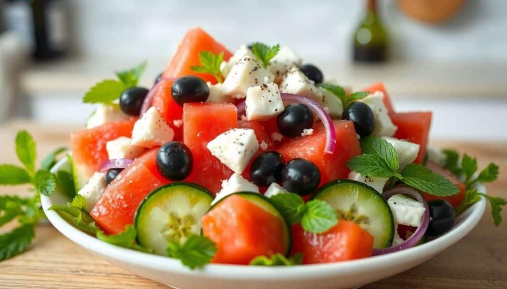 Délice méditerranéen : salade d'olives, feta et pastèque