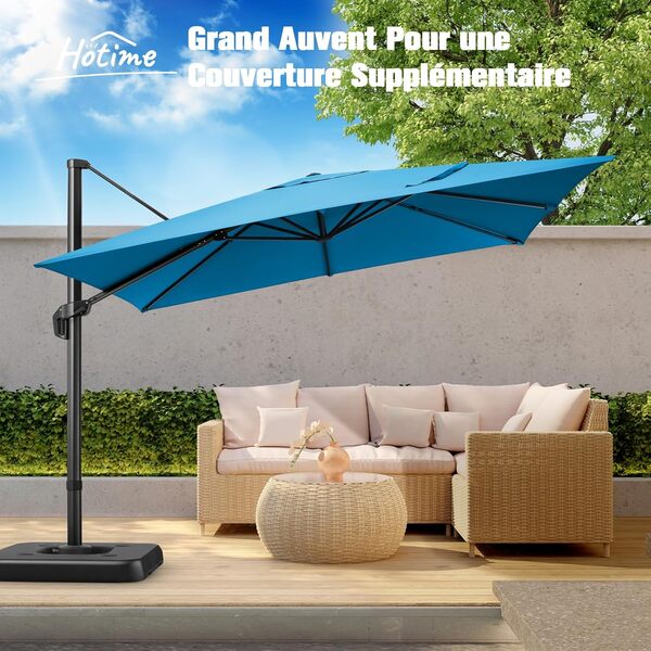 Hotime Parasol 3x3m Parasol de Patio Déporté Extérieur en Aluminium, Réglable en 5 Hauteurs, Imperméable et Anti-UV, Parfait pour Piscine, Terrasse, Usage Professionnel, Bleu Clair