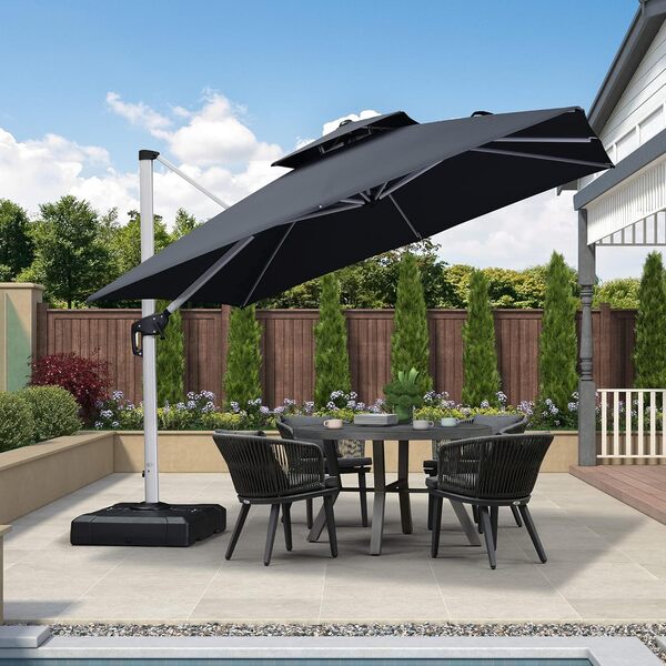 PURPLE LEAF Parasol Déporté 3 x 3 m Carré, Parasol De Jardin Extérieur, Toit à Double Rotatif 360°, Armature de Parapluie en Aluminium, Avec Protection Solaire UPF50+, Pour Terrasses, Piscines, Gris