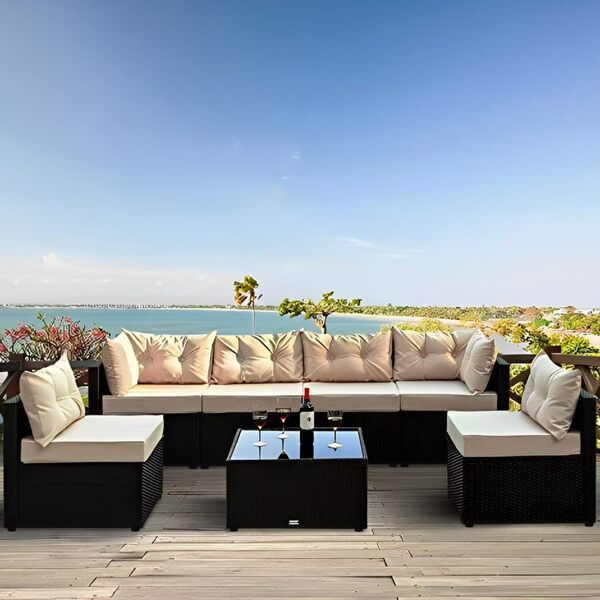 CONCEPT USINE | Salon de Jardin 5 Places Modulable | Design NACULA Noir en Résine Tressée | Table Basse en Verre Trempé | Coussins Beige Confortables | Style Moderne | Résistant, Idéal pour Extérieur