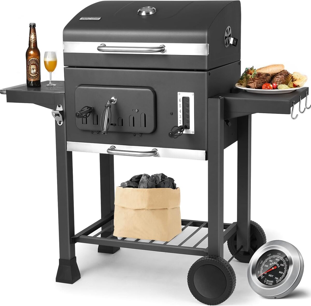 Test du barbecue au charbon xxl avec couvercle et thermomètre
