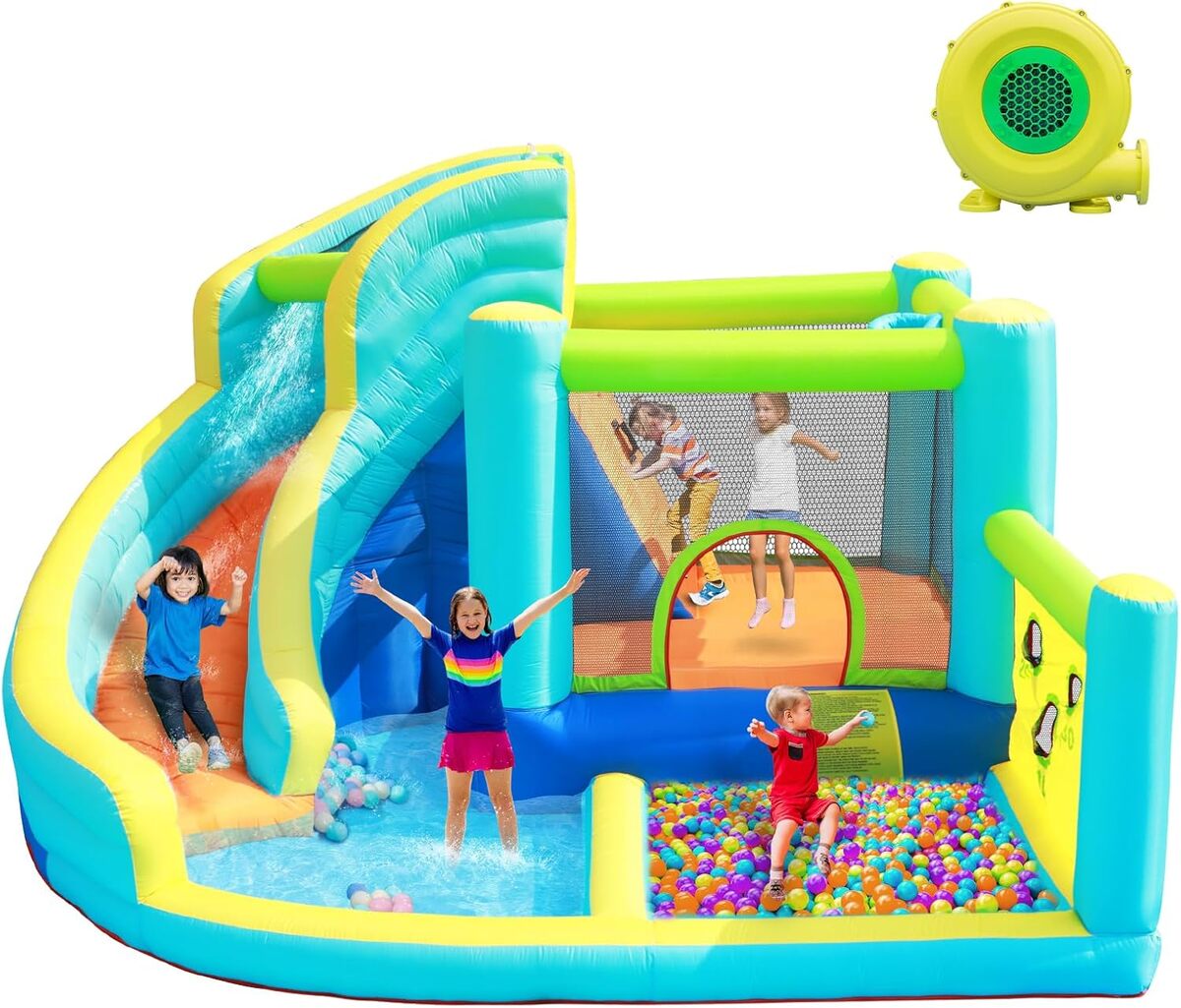 Test du château gonflable parc aquatique pour enfants avec toboggan et trampoline