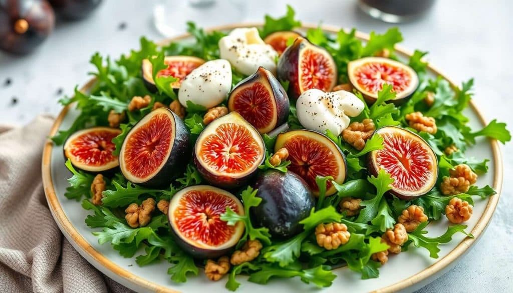 Folie de verdure : salade de roquette, figues fraîches et chèvre crémeux