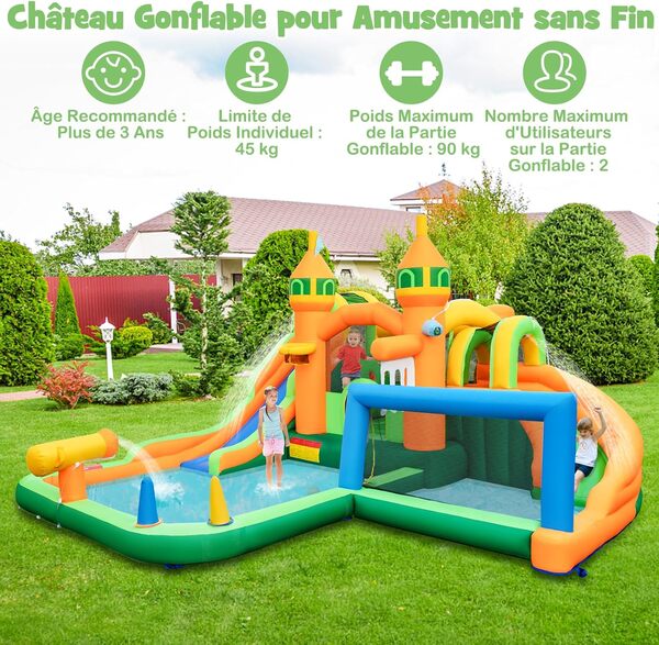 GOPLUS 9 en 1 Chateau Gonflable Enfant Exterieur avec 2 Toboggans, Piscine, Panier de Basket, Jeu de Crochets, Zone de Rebond, Canon à Eau, Mur d'escalade,Charge 90KG (Orange+Gonfleur 950W)