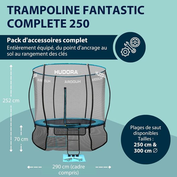 HUDORA Trampoline Fantastic Complete - Trampoline de Jardin avec Filet de sécurité & 250/300cm de diamètre - Trampoline Familial de Sport avec Filet de Cadre pour jusqu'à 100kg - Large Bordure
