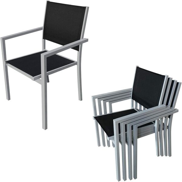 Salon de Jardin Bergamo en textilène Noir 6 Places - Aluminium Gris