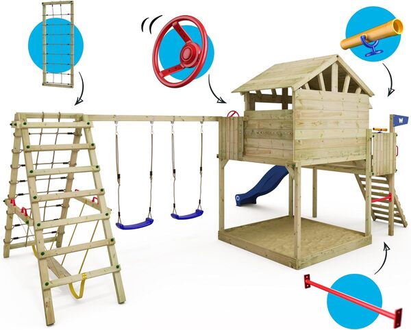 WICKEY Tour de Jeu Structure d'escalade Smart Fjord avec balançoire & Toboggan, Tour d'escalade extérieure pour Enfants avec bac à Sable, échelle & Accessoires de Jeu pour Le Jardin (Rouge)