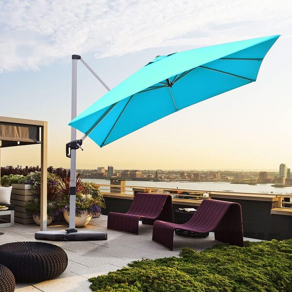 RELAX4LIFE Parasol de Jardin Exterieur Inclinable à 7 Positions Rotation par Pédale, Parasol Déporté 3x3M en Polyester avec 8 Branches Imperméable Anti-UV(Bleu vert)