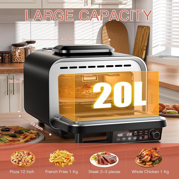 G.a HOMEFAVOR Four à Pizza Électrique Tout-en-Un, Four Multifonction, Four à Pizza de 20L, Écran Tactile, 400 °C, Pizza, Friture à l'Air, Rôtir, Steak, Griller, Cuire au Four et plus encore