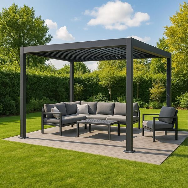 AirDay - Pergola bioclimatique 3 x 3 m - Tonnelle autoportante de Jardin avec Lames orientables Pleine Largeur, Structure Aluminium Anthracite, abri terrasse Design 9m2, évacuation d'eau par poteaux
