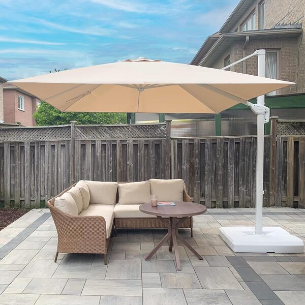 PURPLE LEAF Parasol Déporté 2,7 × 2,7 m Carré avec Base Croisée, Parasol de Jardin Extérieur en Aluminium Blanc avec Manivelle, Inclinable et Rotation à 360°, Protection UV, Beige