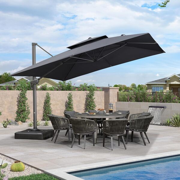 PURPLE LEAF Parasol Déporté 3,65 x 3,65 m avec Pied de Parasol, Parasol De Jardin Extérieur Toit à Double, Parasol en Aluminium Amélioré avec 6 Positions D'inclinaison et Rotation à 360°, Gris