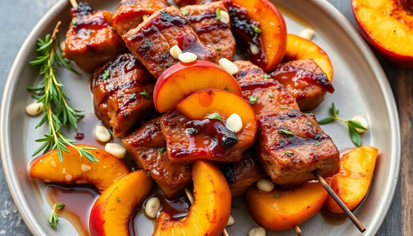 Brochettes de magret de canard aux pêches caramélisées