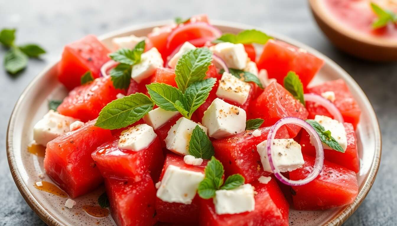 Fraîcheur irréelle : salade de pastèque glacée et fromage feta croustillant
