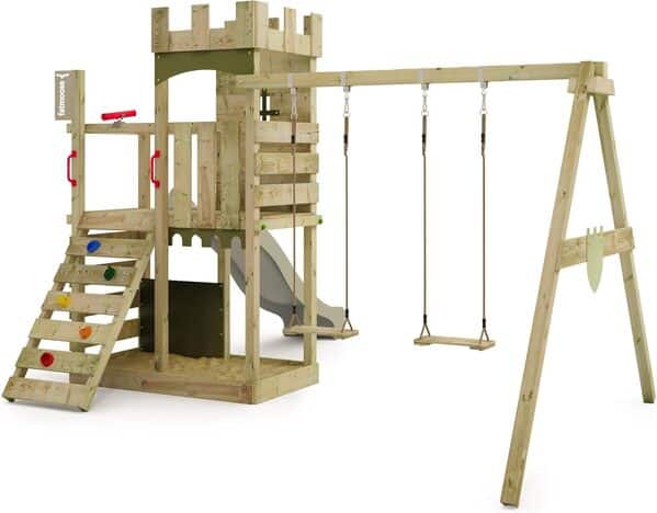 Fatmoose Aire de Jeux Château Fort BoldBaron Boost XXL avec balançoire & Toboggan Vert Sauge, extérieur Enfants Tour d'escalade avec bac à Sable échelle & Accessoires de Jeux