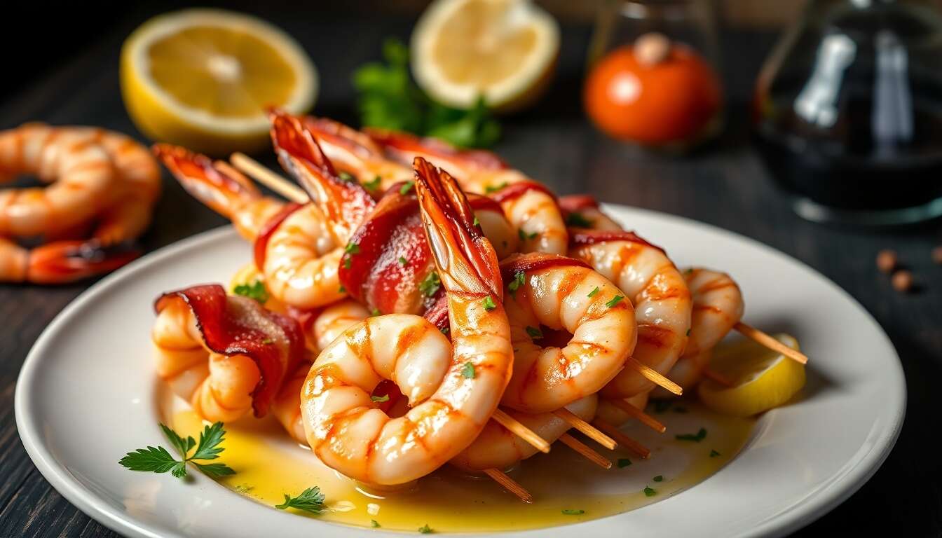 Brochettes de crevettes enrobées de bacon fondant