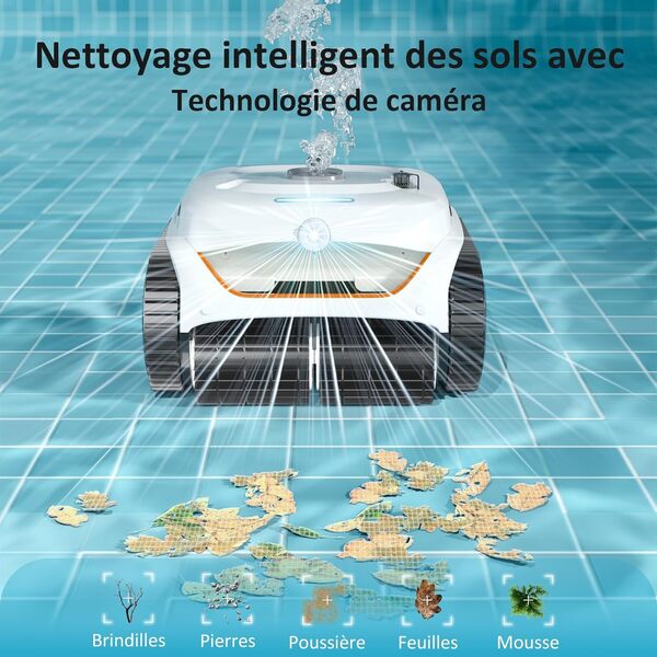 WYBOT C2 Vision AI caméra Robot Piscine sans Fil avec Batterie, Robot de Piscine Sol et Mur, Filtration à Deux Couches, Aspiration puissante, pour piscines enterrées jusqu'à 180㎡(Blanc-Orange)