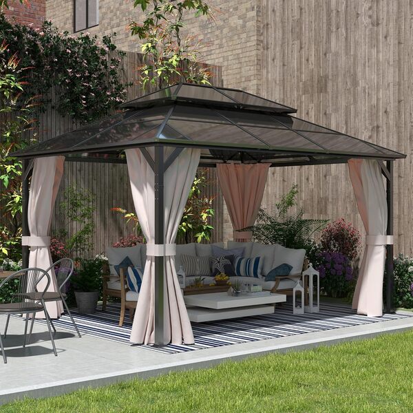 Amopatio Tonnelle de Jardin, 3 x 4 m, étanche, Stable, résistante à l'hiver, avec Polycarbonate – Double Toit, Toit Rigide, avec parois latérales pour Jardin, terrasse, Champagne