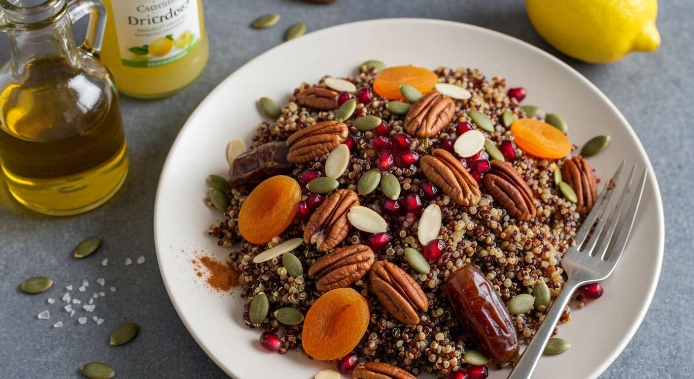 Salade de quinoa croustillante aux fruits secs et mélasse de grenade