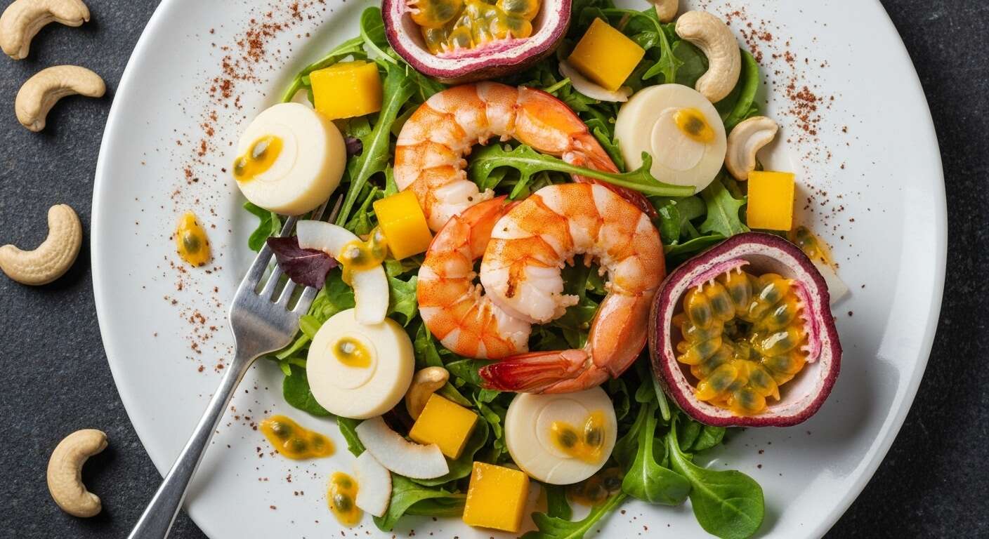 Salade exotique aux fruits de la passion et crevettes grillées