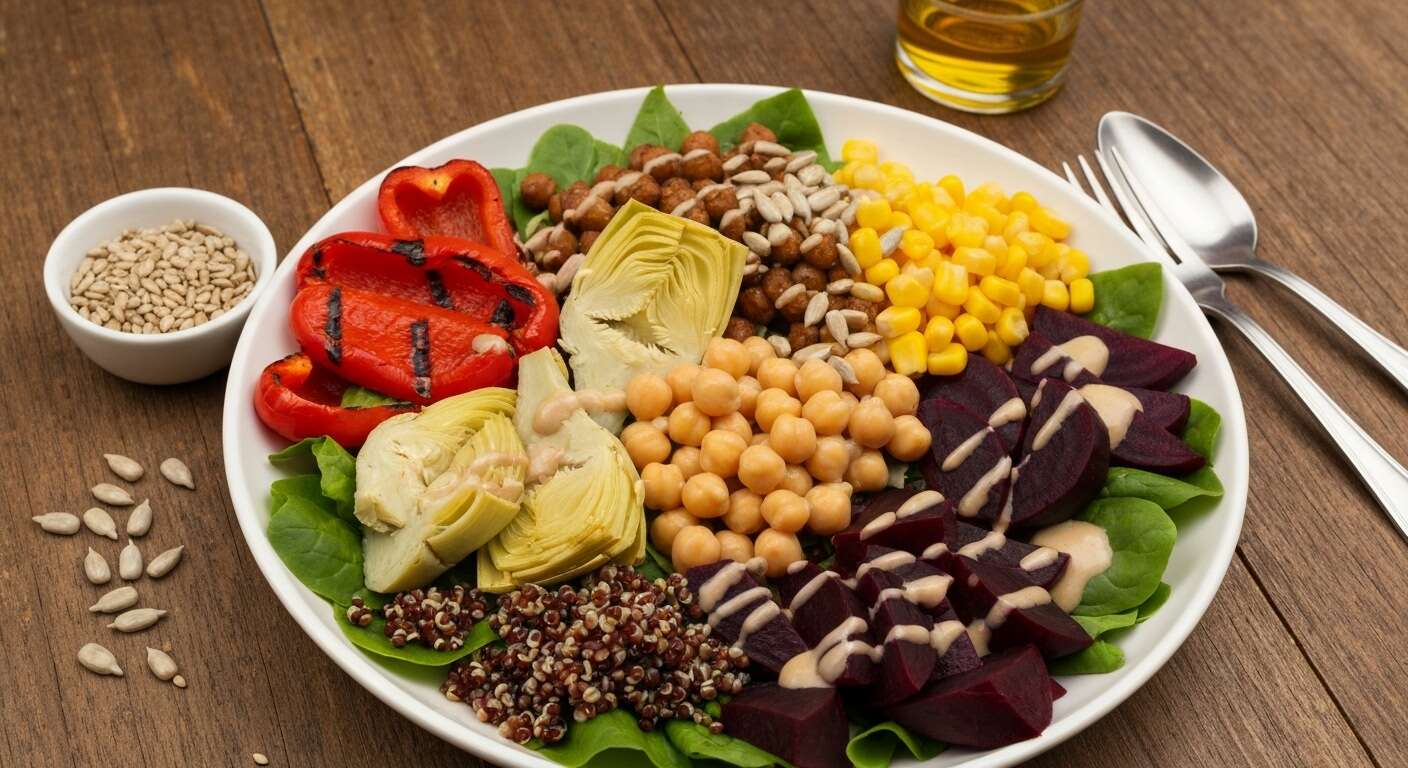 Explosion de couleurs : salade arc-en-ciel aux légumes grillés et sauce mystère