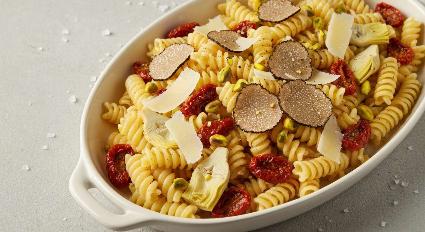 Voyage en gourmandise : salade de pâtes à la truffe et aux pistaches grillées