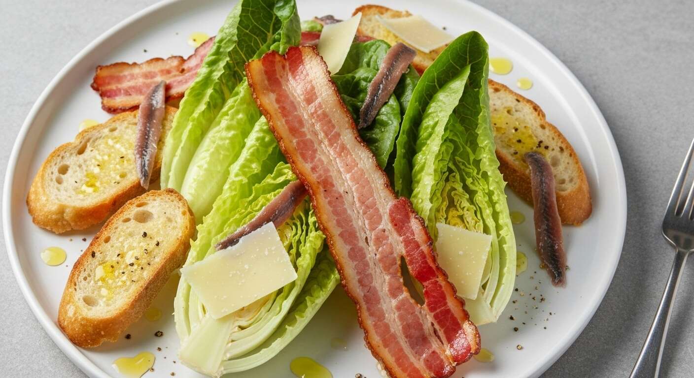 Plaisir coupable : salade cesar revisitée au bacon croustillant et parmesan papillonnant