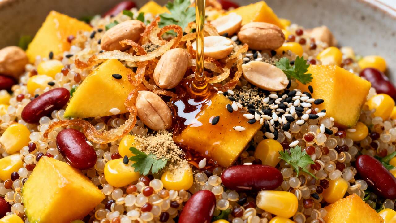 Salade croquante de quinoa, mangue et avocat avec vinaigrette au sésame torréfié