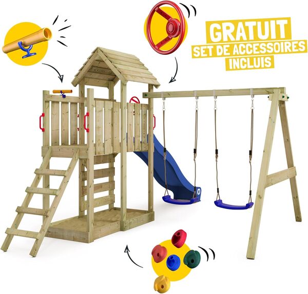 WICKEY Aire de Jeux MultiFlyer portique avec Toit en Bois & balançoire et Toboggan Vert, Tour d'escalade pour Enfants avec bac à Sable, échelle et Accessoires de Jeu pour Le Jardin.