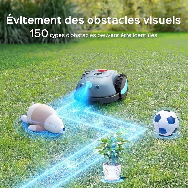 V100 Robot Tondeuse sans Fil Périphérique avec Navigation Visuelle, Détection d'obstacles 150, Robot Tondeuse Gazon avec Batterie(4Ah), Peigne à Herbe, Lames de Rechange
