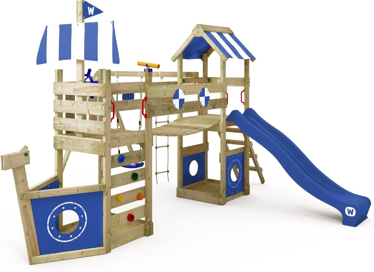Test : aire de jeux Wickey StormFlyer bois avec toboggan bleu