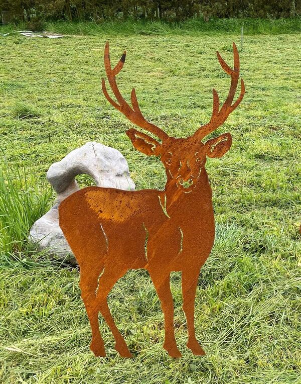 Steinfigurenwelt Lot de 3 décorations de jardin en métal rouillé avec cerf et faon 117 cm