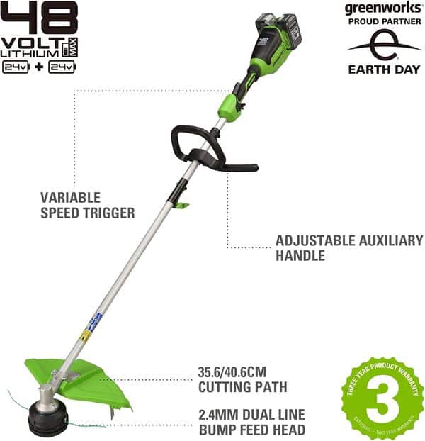 Greenworks Coupe-Bordures à Batterie 2x24V 40cm, Embout avec Taille-haie, Embout avec élagueuse avec 2 Batteries 4Ah et Chargeur Double
